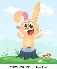 Cartoon funny and happy rabbit standing on the summer meadow on the tree stump. Vector illustration of easter bunny hare isolated