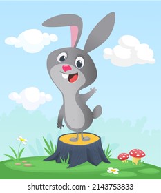 Cartoon funny and happy rabbit standing on the summer meadow on the tree stump. Vector illustration of easter bunny hare isolated