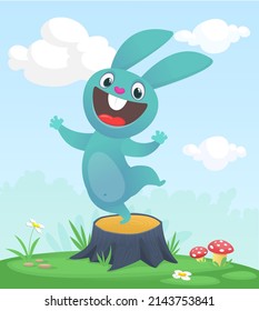 Cartoon funny and happy rabbit standing on the summer meadow on the tree stump. Vector illustration of easter bunny hare isolated