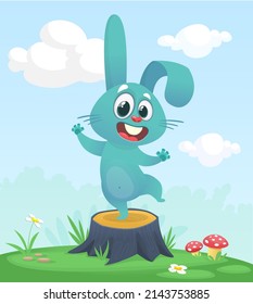 Cartoon funny and happy rabbit standing on the summer meadow on the tree stump. Vector illustration of easter bunny hare isolated