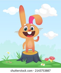 Cartoon funny and happy rabbit standing on the summer meadow on the tree stump. Vector illustration of easter bunny hare isolated