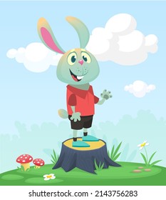 Cartoon funny and happy rabbit standing on the summer meadow on the tree stump. Vector illustration of easter bunny hare isolated