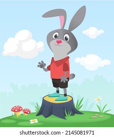 Cartoon funny and happy rabbit standing on the summer meadow on the tree stump. Vector illustration of easter bunny hare isolated