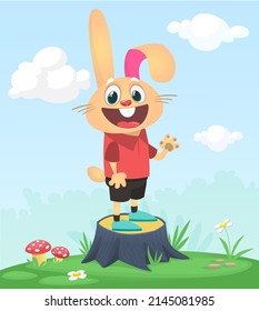 Cartoon funny and happy rabbit standing on the summer meadow on the tree stump. Vector illustration of easter bunny hare isolated