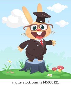 Cartoon funny and happy rabbit standing on the summer meadow on the tree stump wearing toxedo. Vector illustration of easter bunny hare isolated