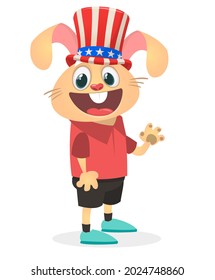 Cartoon funny and happy rabbit wearing Uncle Sam hat with american flag. Vector illustration of bunny hare on independence day