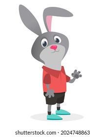 Cartoon funny and happy rabbit wearing modern fancy style clothes. Vector illustration of easter bunny hare isolated. Anthropomorphic.