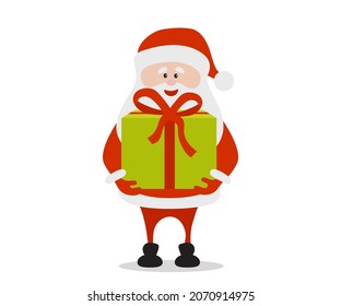 Cartoon funny happy Santa Claus holding a big gift in vector. Christmas illustration.