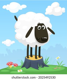 Cartoon funny and happy sheep standing on the summer meadow on the tree stump. Vector illustration isolated