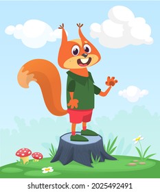 Cartoon funny and happy squirrel standing on the summer meadow on the tree stump. Vector illustration isolated