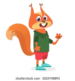 Cartoon funny and happy squirrel wearing modern fancy style clothes. Vector illustration isolated. Anthropomorphic.