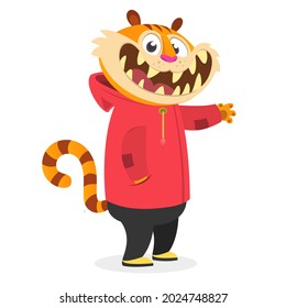 Cartoon funny and happy tiger in modern fancy style wearing clothes. Vector illustration isolated. Anthropomorphic.