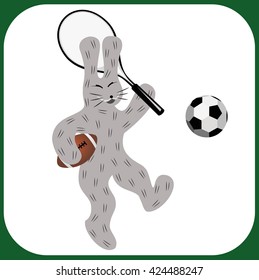 Cartoon funny hare with tennis racket and balls for rugby and football. Vector illustration.