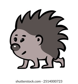 Cartoon funny hedgehog on a white background. Forest mammal. Wild cute animal. Vector isolated illustration. Simple sketch caricature