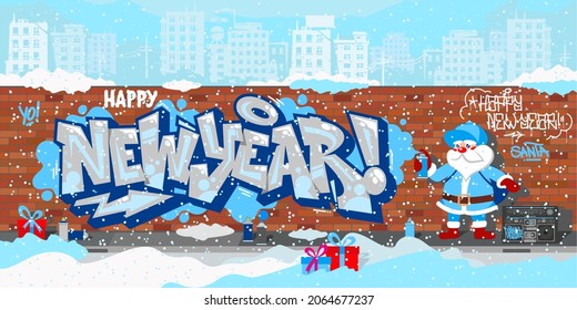 Cartoon Funny Hiphop Santa Claus Spraying Graffity Happy New Year Vector Illustration Art