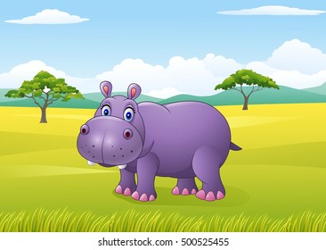 Cartoon funny hippo in the African landscape