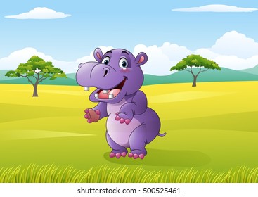 Cartoon funny hippo in the African landscape