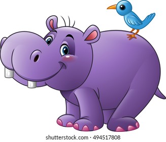 Cartoon funny hippo with bird