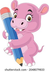 Cartoon funny hippo holding a pencil