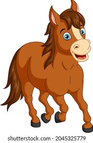 Cartoon funny horse running on white background