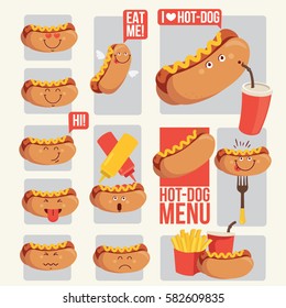 Cartoon funny hot dog characters isolated vector illustration. Funny food face icon. Fast food emoji. Cartoon emoticon face of fast food.Template for menu of cafes and restaurants . Kids food.