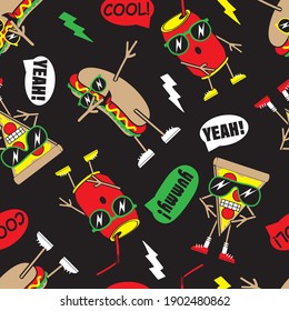 Cartoon Funny hot dog, slice of pizza and soda seamless pattern. Vector illustration.