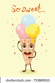 Cartoon funny ice-cream character vector illustration and hand drawn text So sweet