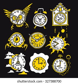 Cartoon funny icons with watch. Hand drawn illustration for children on black background. Doodles for posters, stickers, calendars, games, children books.