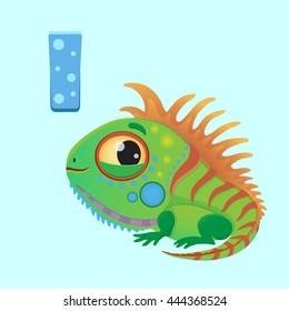 Cartoon funny iguana vector icon, green big cute cartoon lizard with a long tail and big eyes, predator from America, illustration for the alphabet, letter for baby alphabet eps 10 print for t-shirt