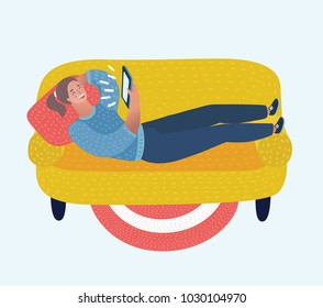 Cartoon funny illustration of girl with tablet lying on the sofa. Chat, dating, education and search for information on the network.