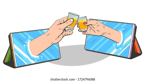 Cartoon funny illustration of human man and woman hands with glasses in tablets, online drink, isolated on white background