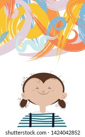 cartoon funny illustration with small smiling curly girl and a miracle cloud above her.