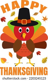 Cartoon funny illustration with turkey and Happy Thanksgiving letter