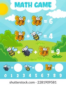 Cartoon funny insect characters in math game worksheet, vector kids quiz. Cheerful butterfly, fly and bee or bumblebee wasp in mathematics education puzzle game for number count and calculation