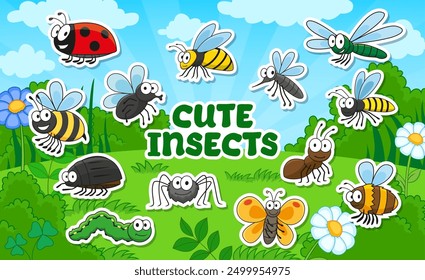 Cartoon funny insect characters stickers pack. Vector patches with cute pests. Cheerful bee, ladybug, butterfly, ant or dragonfly, caterpillar, spider, mosquito and beetle or bug on field with flowers