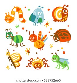 Cartoon funny insects and bugs set. Colorful collection of cute insect Illustrations