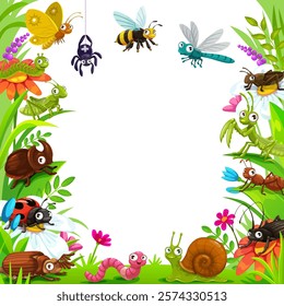 Cartoon funny insects in frame banner with forest grass and flowers, vector background. Cute little insects frame of bumblebee or bee and grasshopper, happy snail and beetle with ladybug and spider