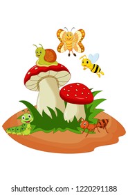 Cartoon funny insects with mushroom