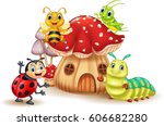 Cartoon funny insects with mushroom house