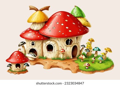Cartoon funny insects with mushroom house

