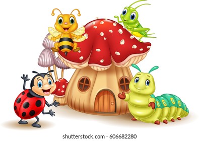Cartoon funny insects and mushroom house