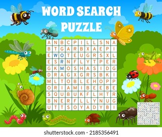 Cartoon funny insects on meadow, word search puzzle or quiz game, vector, worksheet. Kids riddle grid to search and find words of bee, wasp or bumblebee with bug, ant and caterpillar in forest