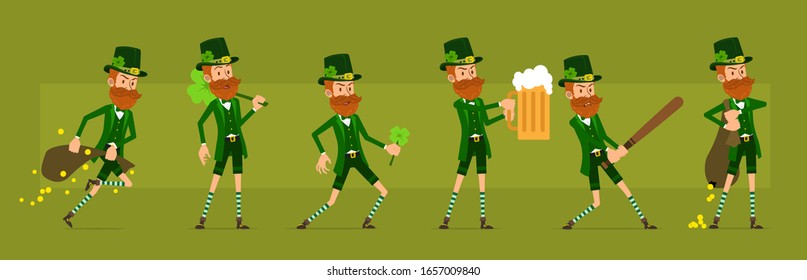 Cartoon funny irish bearded leprechaun boy character with clover hat. Ready for animations. Saint Patrick's day. Angry leprechaun with bag, beer and baseball bat. Big vector icon set.