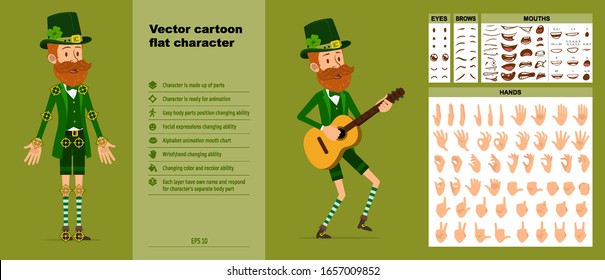 Cartoon funny irish bearded leprechaun boy character with clover hat. Ready for animations. Face expressions, eyes, brows, mouth and hands easy to edit. Saint Patrick's day. Big vector icon set.