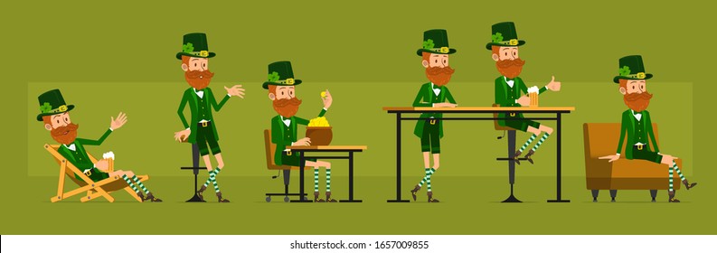 Cartoon funny irish bearded leprechaun boy character with clover hat. Ready for animations. Saint Patrick's day. Working and resting with beer on sofa at pub. Big vector icon set.