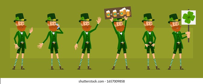 Cartoon funny irish bearded leprechaun boy character with clover hat. Ready for animations. Saint Patricks day. Showing beer menu and lucky clover. Big vector icon set.