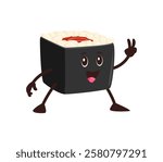 Cartoon funny Japanese roll fast food character. Isolated vector adorable Asian, japan food personage with rice and red fish filling, big eyes, peace sign and a joyful smile, radiating culinary fun