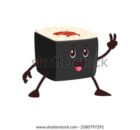 Cartoon funny Japanese roll fast food character. Isolated vector adorable Asian, japan food personage with rice and red fish filling, big eyes, peace sign and a joyful smile, radiating culinary fun