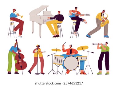 Cartoon funny jazz musicians. People playing different musical instruments, cute vocalist, pianist, saxophonist and drummer, vector set