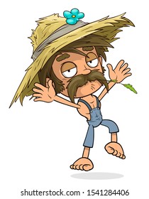 Cartoon funny jumping farmer boy character with straw hat. Layered vector for animations. Isolated on white background. Vector icon.
